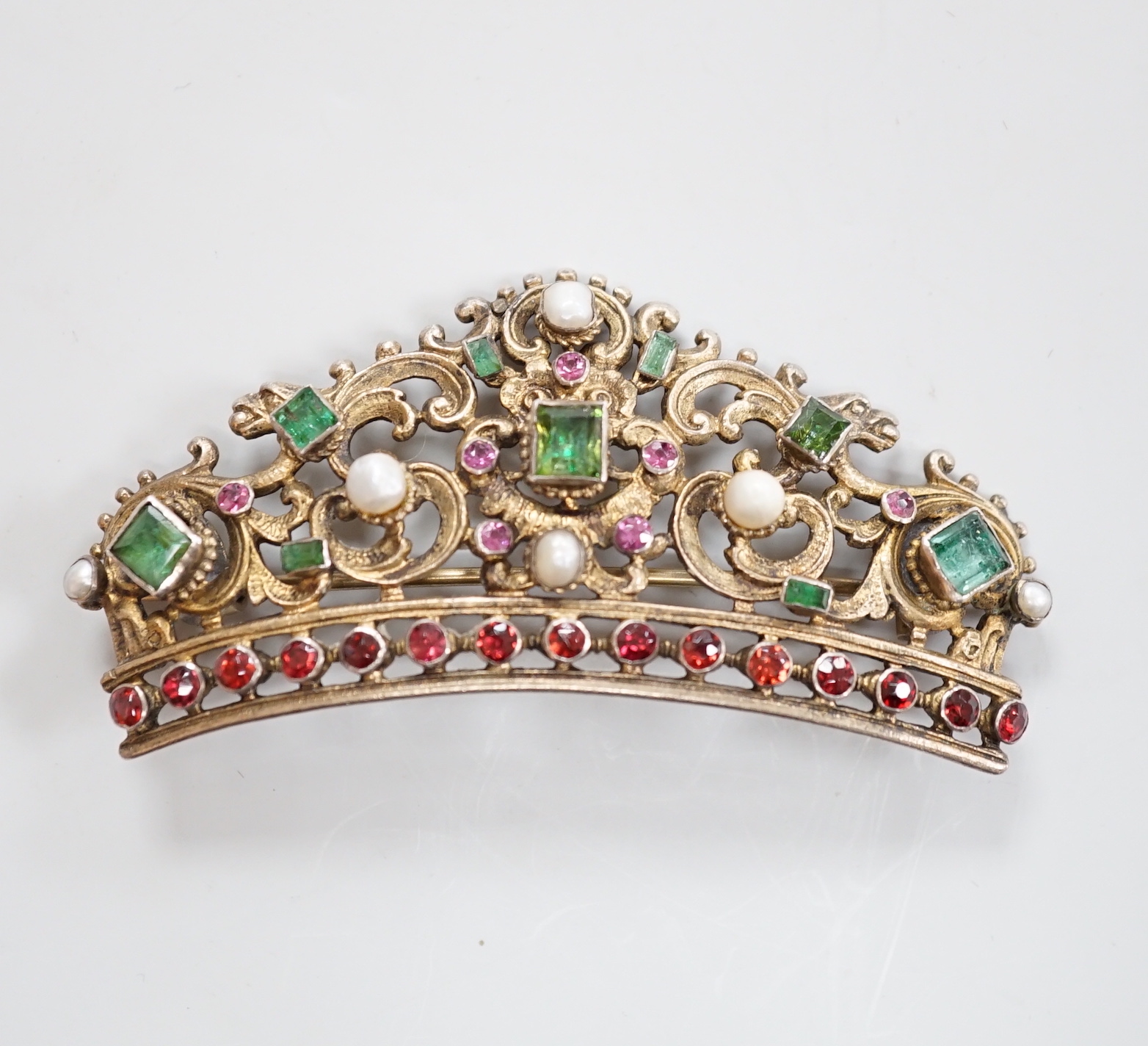 A 19ct century Austro-Hungarian? gilt white metal and gem set coronet style brooch, 75mm.
